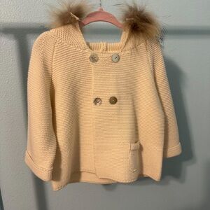 Cream Double-Breasted Knit Coat with Fur Trim